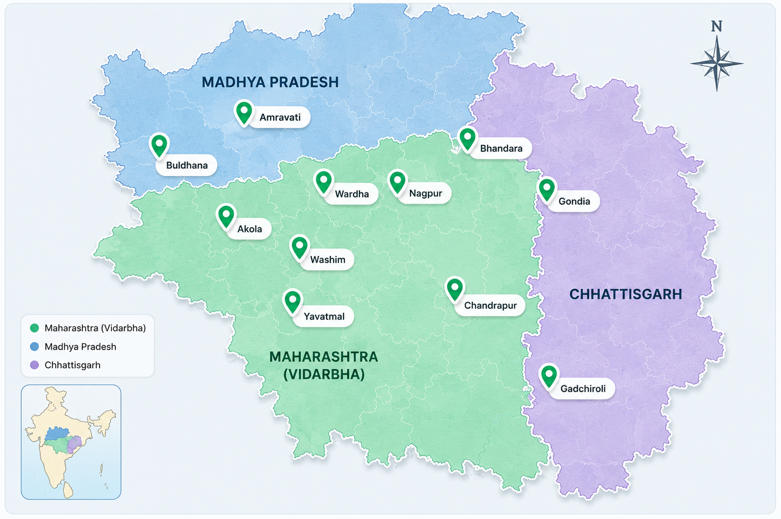 Map of Central India highlighting Vidarbha, MP and Chhattisgarh service coverage