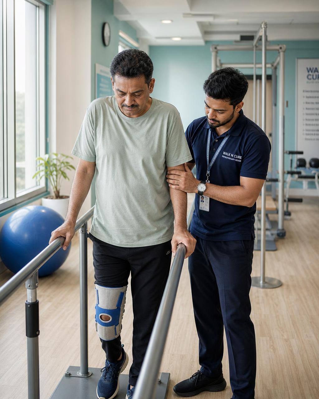 Physiotherapist assisting a patient walking between parallel bars at P & O Rehab Centre Nagpur