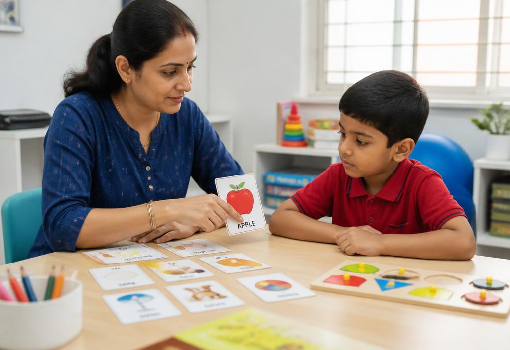 Therapist using structured flashcard and puzzle activities with a child in a calm, distraction-free learning room.