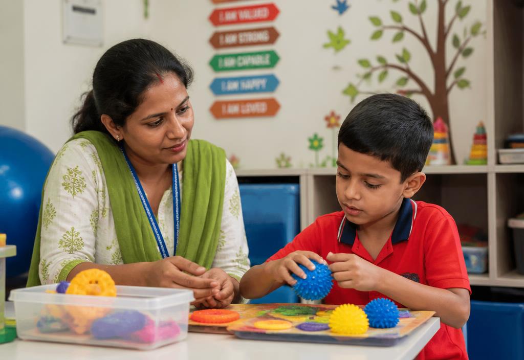 Special educator guiding a child through sensory therapy materials in a bright developmental therapy room.