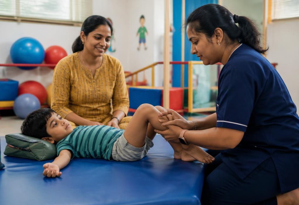 Pediatric physiotherapist mobilising a young child's legs on a therapy mat while the child's mother watches.