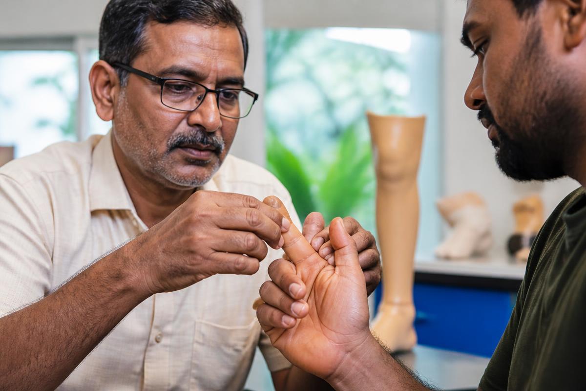 Prosthetist fitting a lifelike custom silicone finger prosthesis on a patient's hand