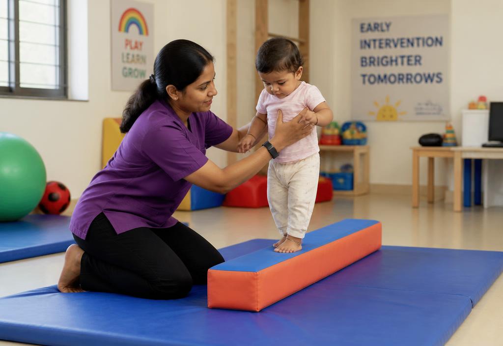 Therapist helping a toddler practise standing balance and coordination on a padded early intervention beam.