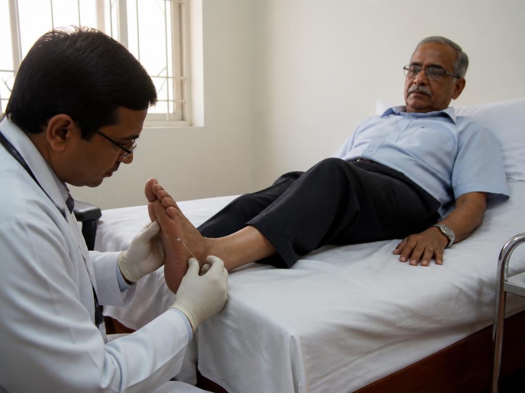 Doctor performing a monofilament sensation test on a diabetic patient's foot