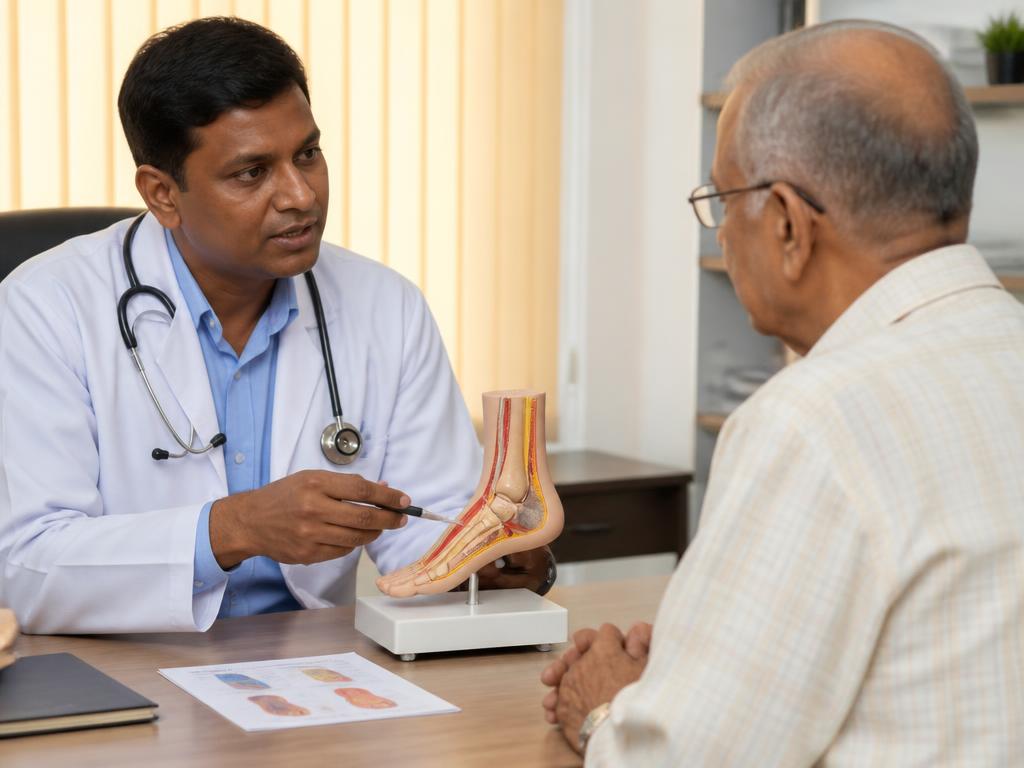 Doctor counselling an elderly patient on diabetic foot care
