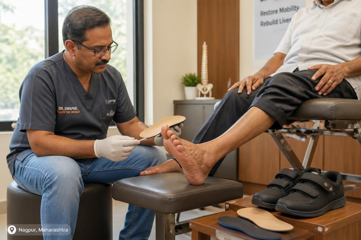 Diabetic foot specialist examining an older patient's foot and fitting a custom offloading insole in a Nagpur rehabilitation clinic