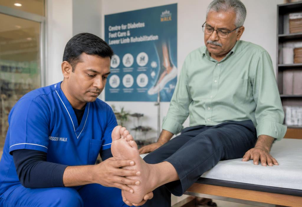 Clinician examining an older diabetic patient's foot during a preventive diabetic foot care assessment in Nagpur.