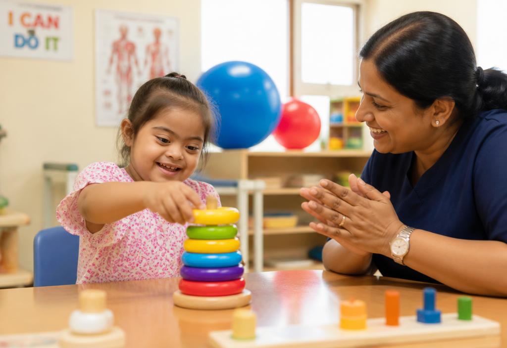 Child with Down syndrome stacking colourful rings during a developmental therapy session with an encouraging therapist.