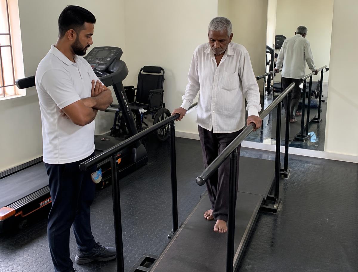 Gait training area with parallel bars and treadmill