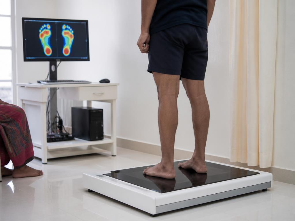 Patient standing on a computerised footscan platform with pressure heatmap