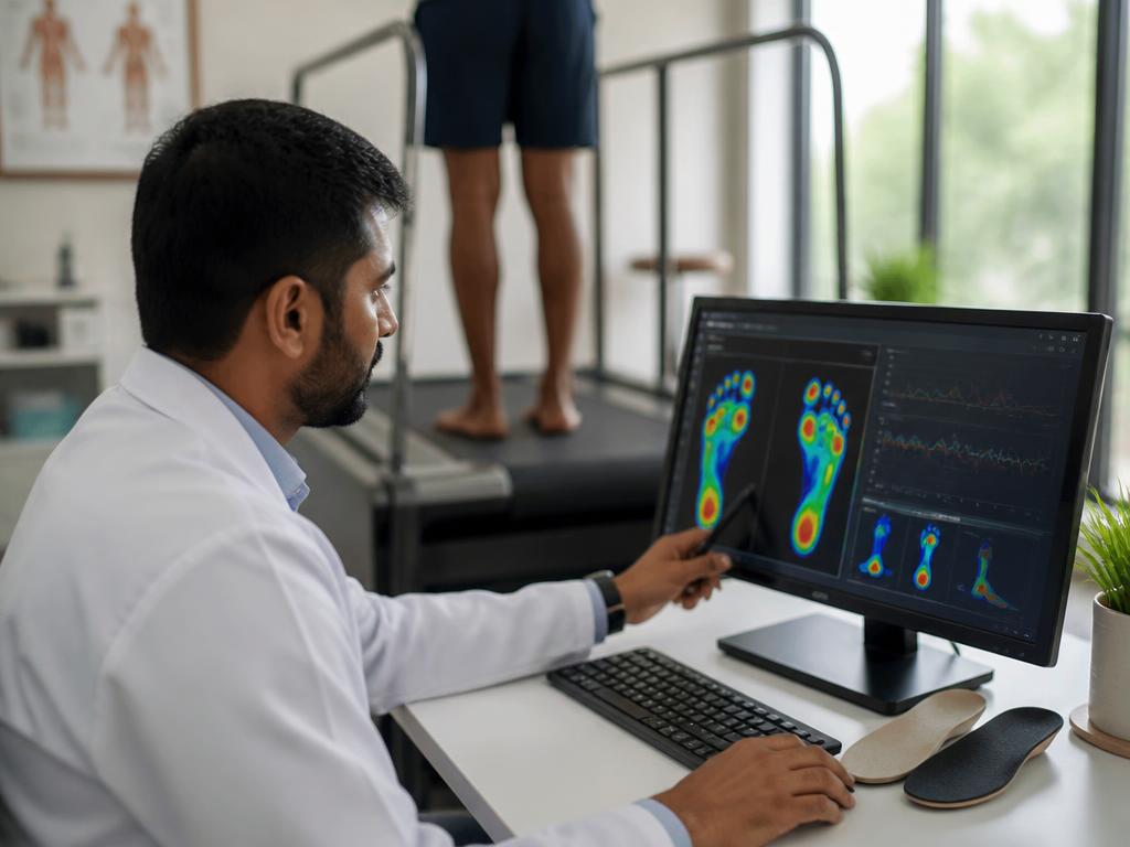 Clinician reviewing foot pressure and gait analysis results on screen