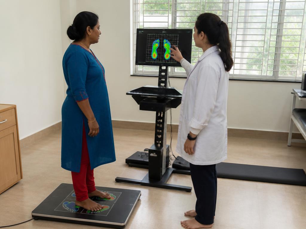 Clinician explaining foot balance analysis results to a patient
