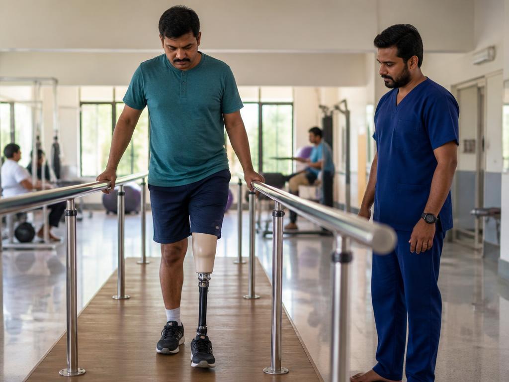 Patient walking with a below-knee prosthesis in parallel bars