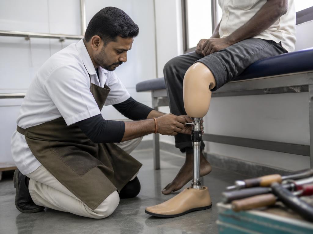 Prosthetist adjusting the alignment of a prosthetic leg