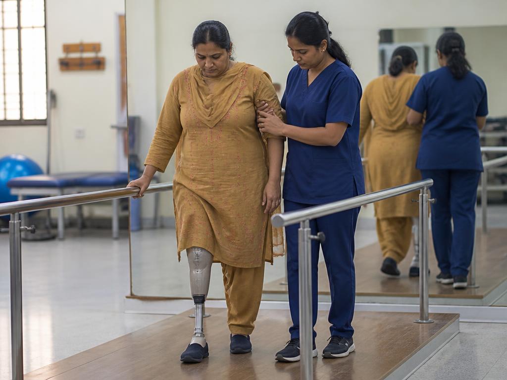 Gait training with a prosthetic leg supported by a physiotherapist