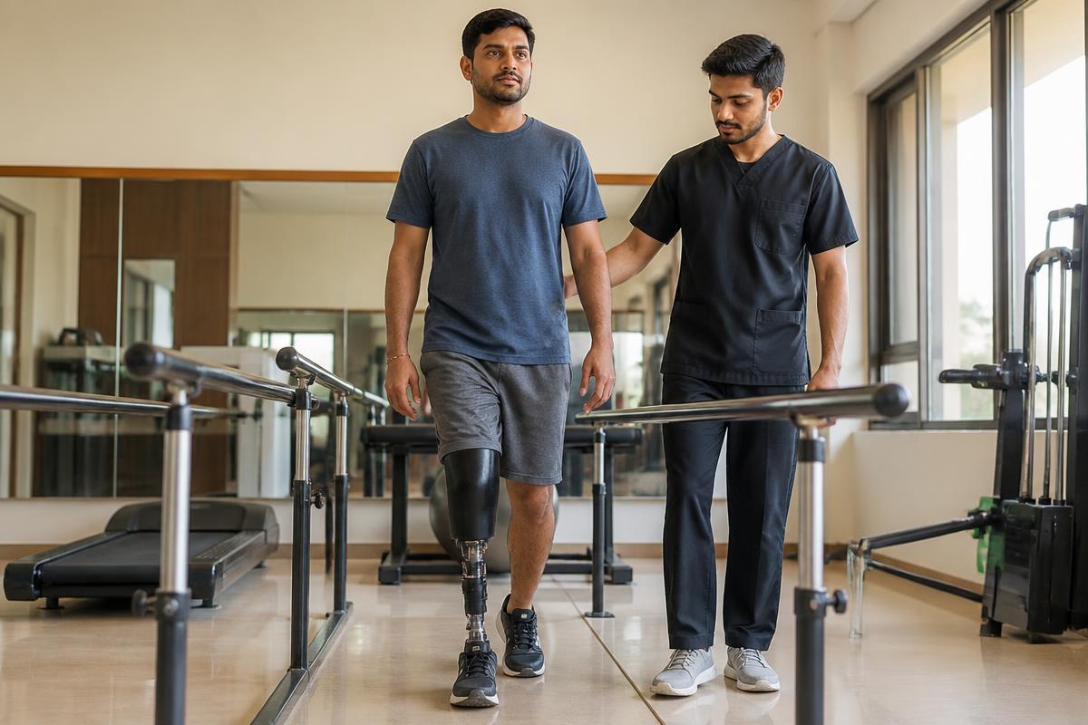 Patient walking with a below-knee prosthesis during supervised gait training with a physiotherapist