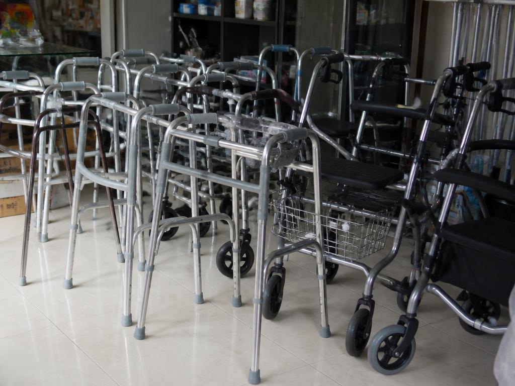 Walkers and wheeled rollators on display