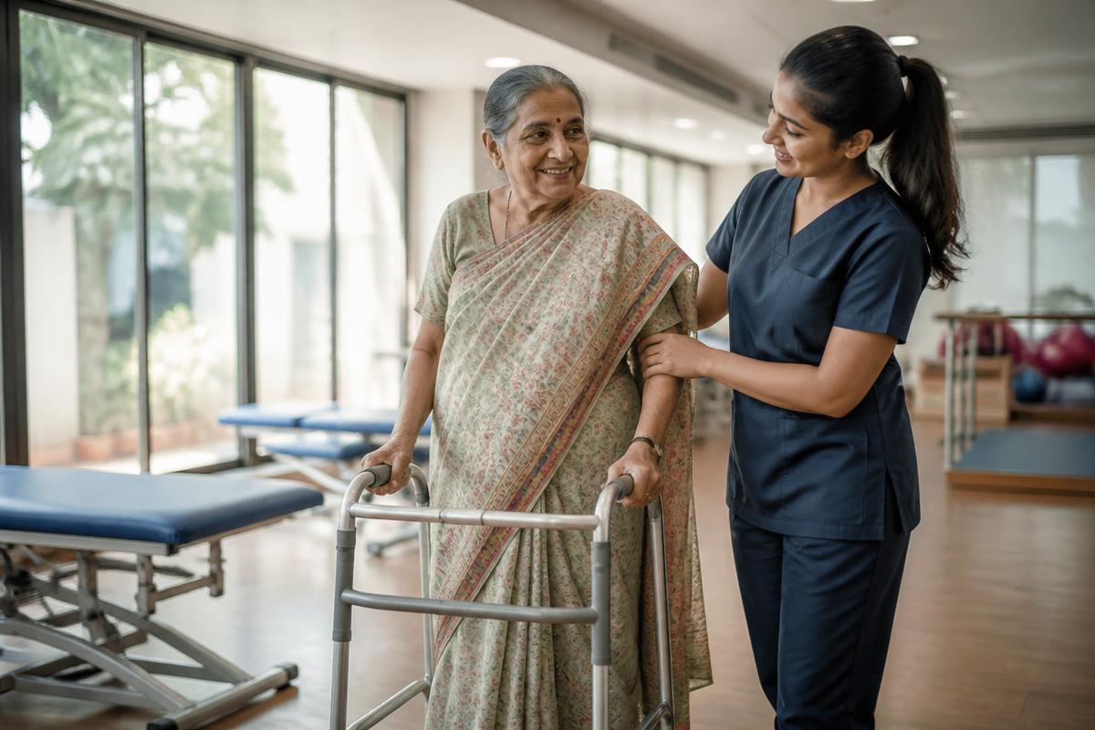 Elderly woman walking confidently with a walker while a physiotherapist guides her in the rehabilitation centre