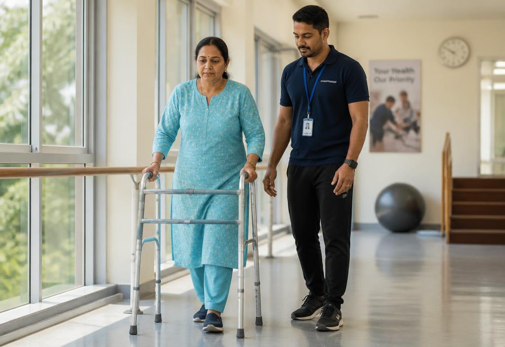 Woman walking confidently with a walking frame along a rehabilitation corridor under physiotherapist supervision.