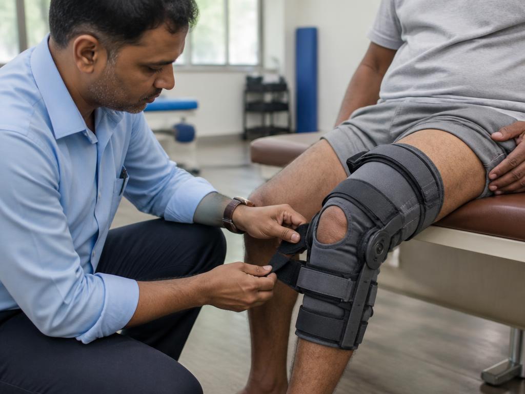 Orthotist fitting a hinged knee brace on a patient