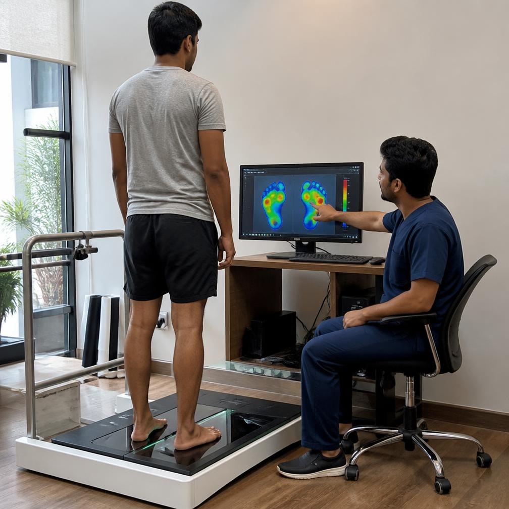 Patient standing on a computerized foot pressure platform while a clinician explains the gait analysis results.