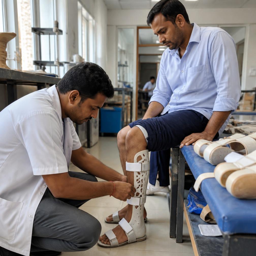 Orthotist fitting a custom ankle-foot orthosis for an adult patient at P & O Rehab Centre Nagpur.