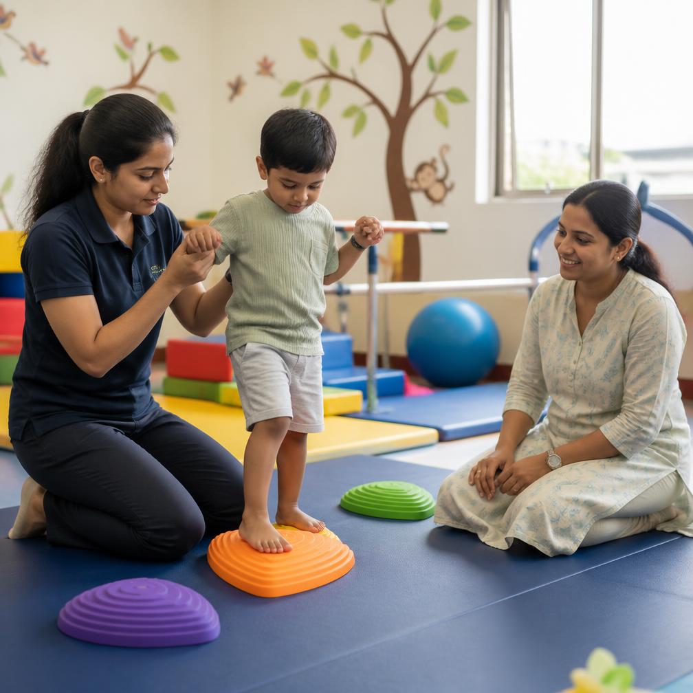 Pediatric therapist guiding a child through a balance exercise while the mother watches during a rehabilitation session.