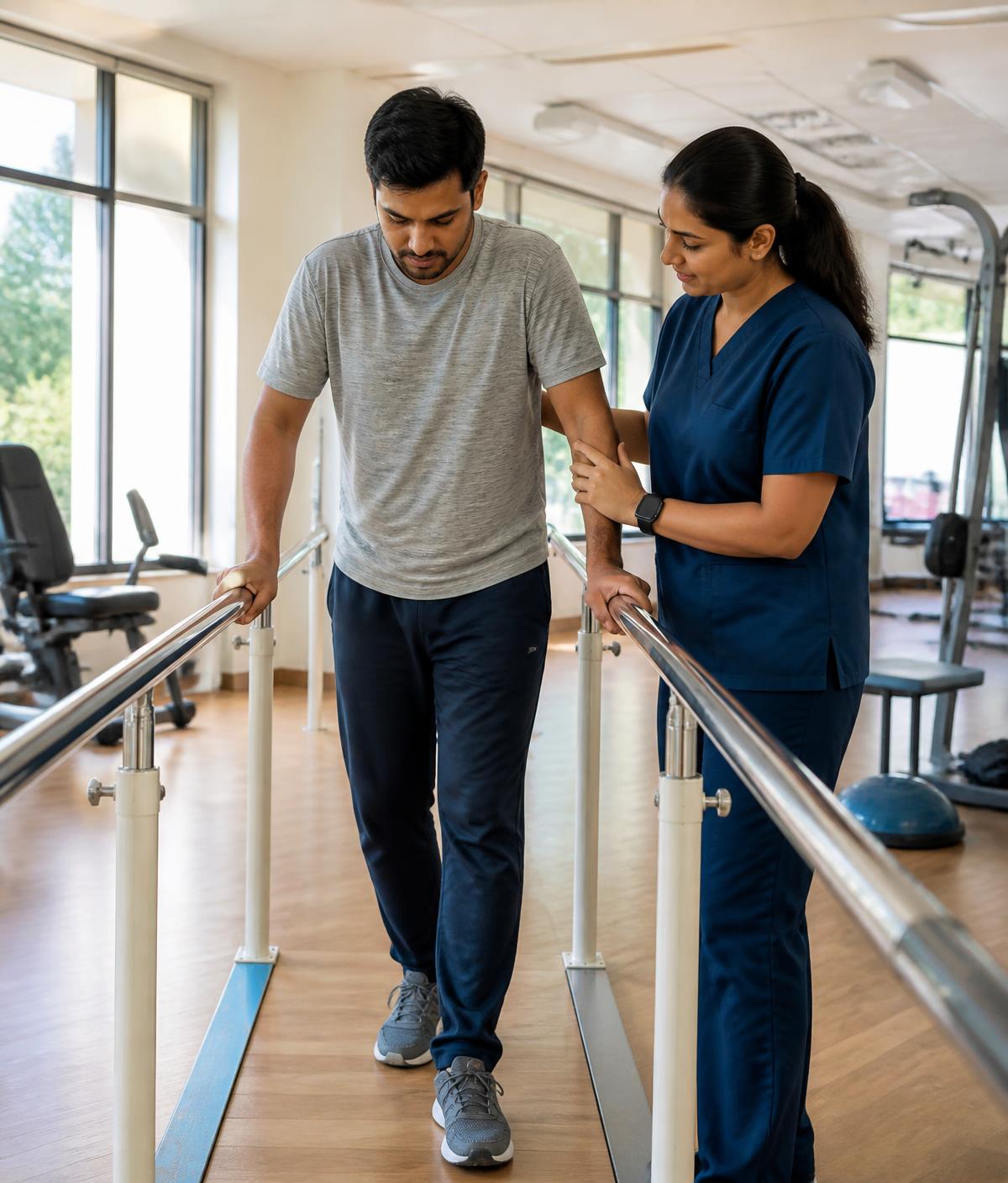 Indian rehabilitation therapist assisting a patient during personalized mobility assessment at P & O Rehab Centre Nagpur.