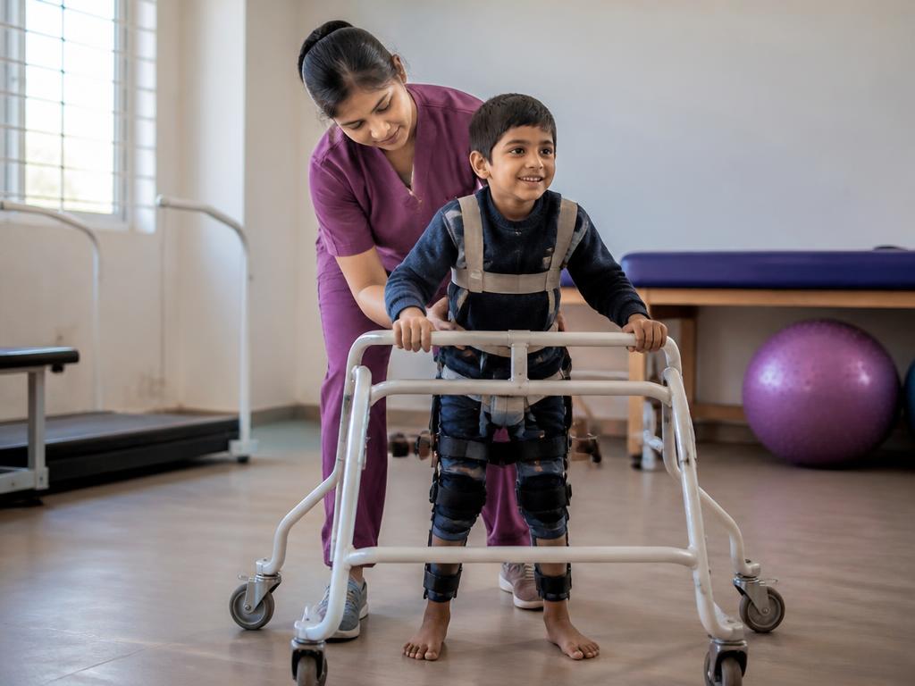 Child using a pediatric gait trainer with a physiotherapist