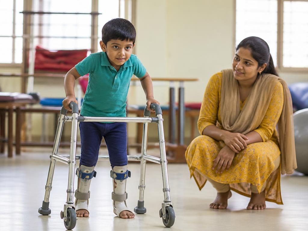 Child wearing ankle foot orthoses walking with a pediatric walker