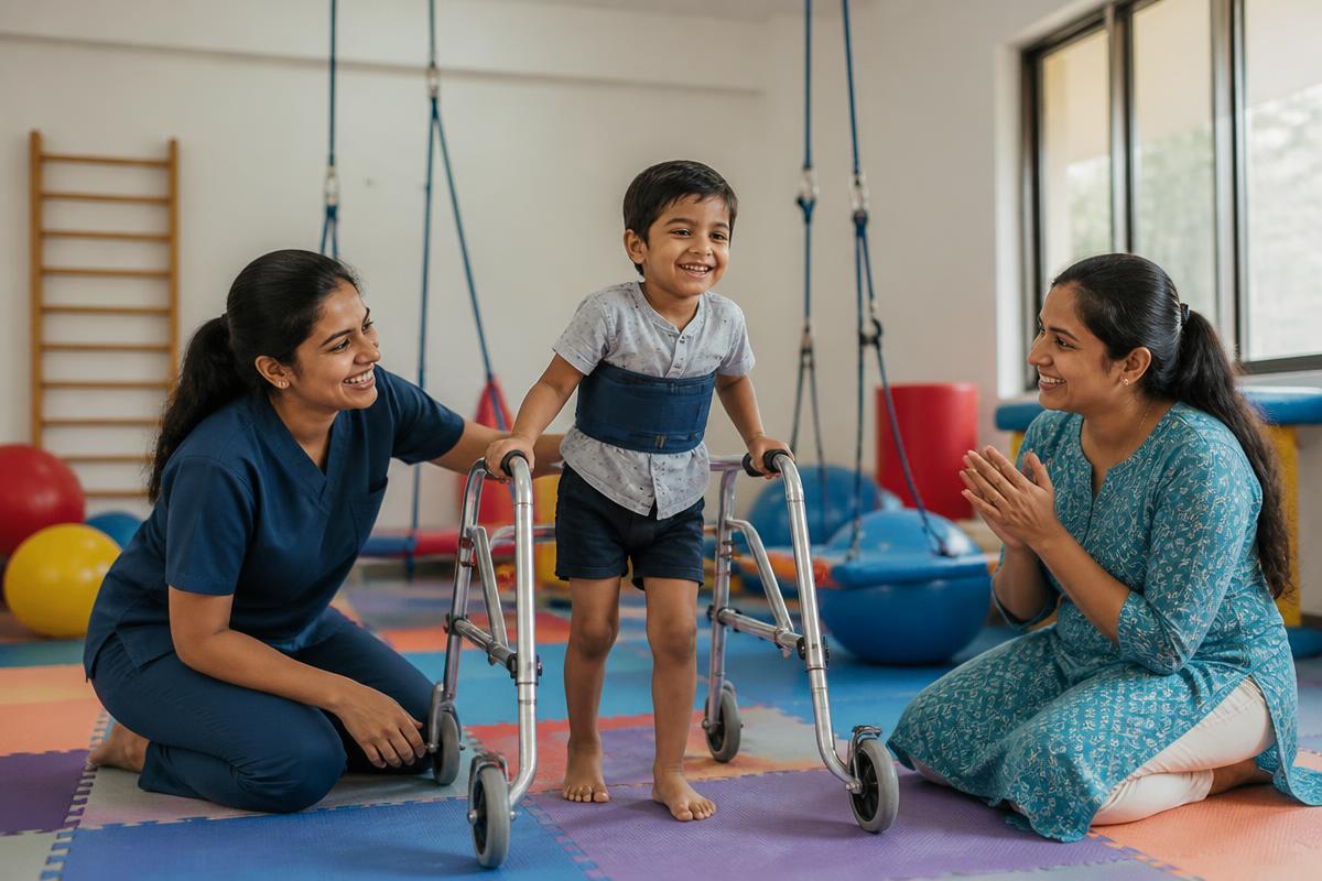 Smiling child walking with a pediatric walker encouraged by a therapist and parent in a pediatric therapy room