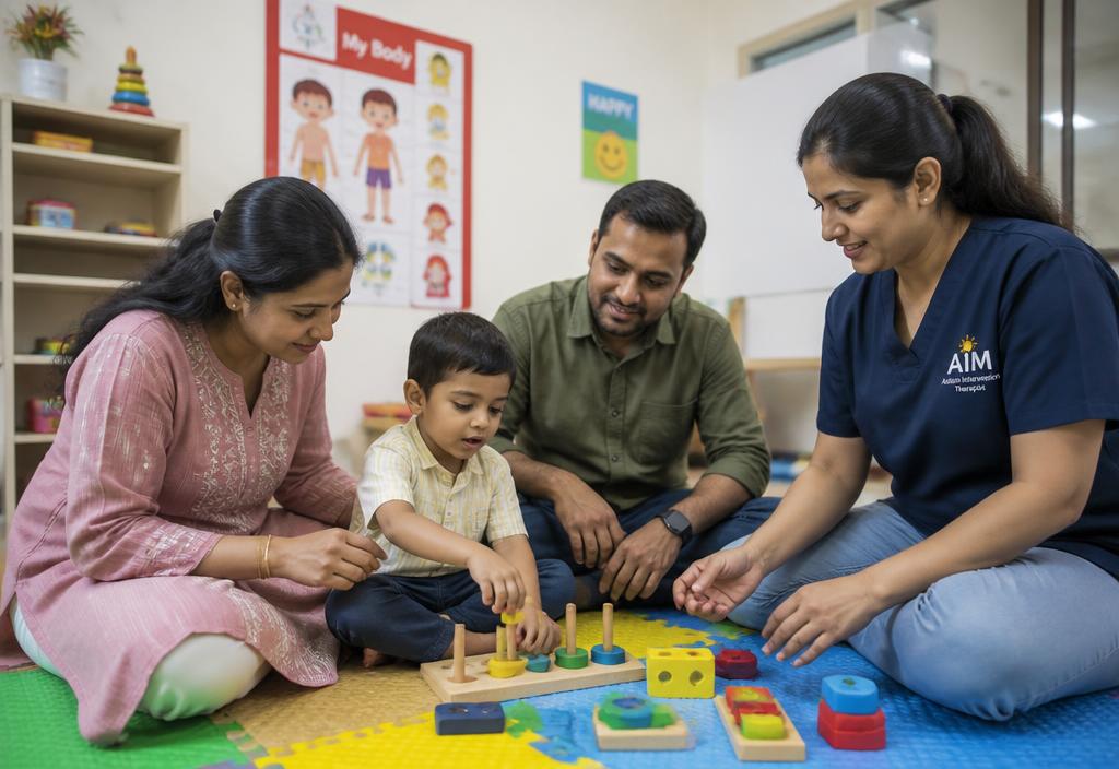 Therapist, child and parents seated together on a play mat during a family-centred pediatric therapy session.