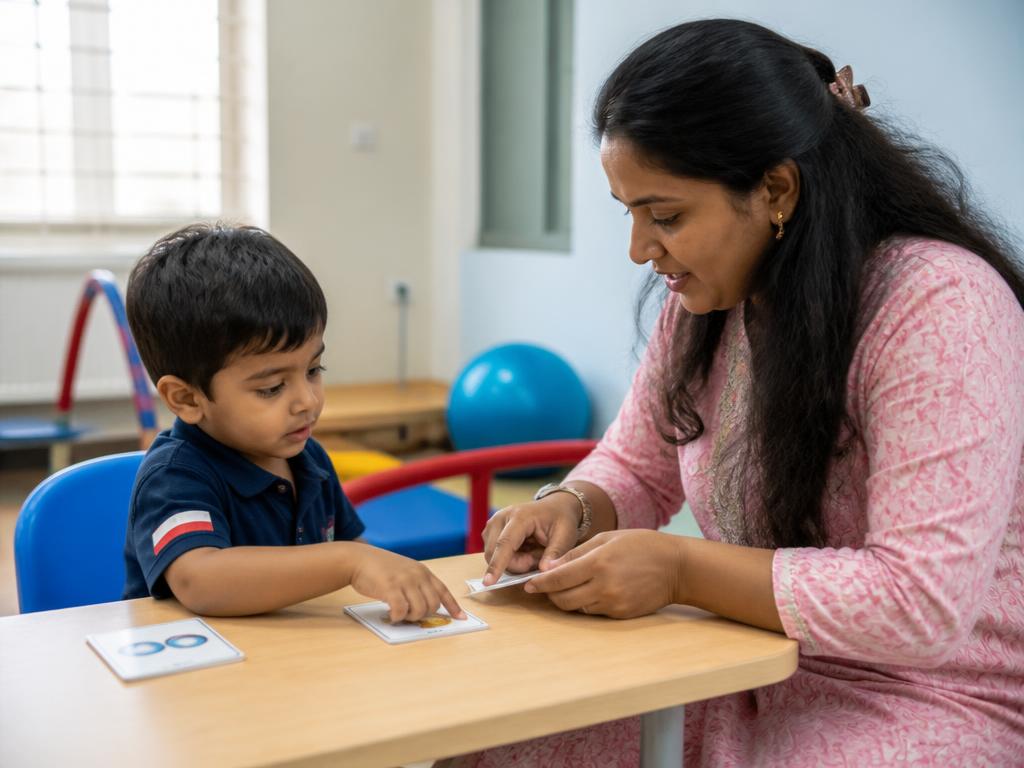 Special educator teaching a child using picture flashcards