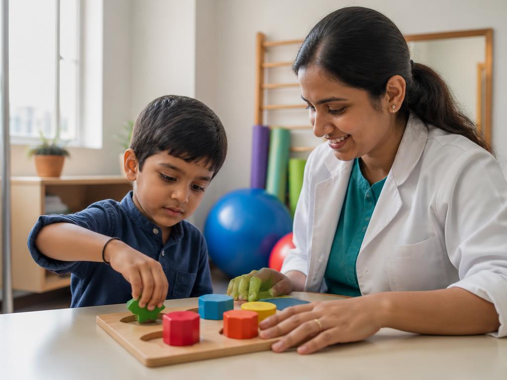 Child completing a shape-sorting activity with a therapist