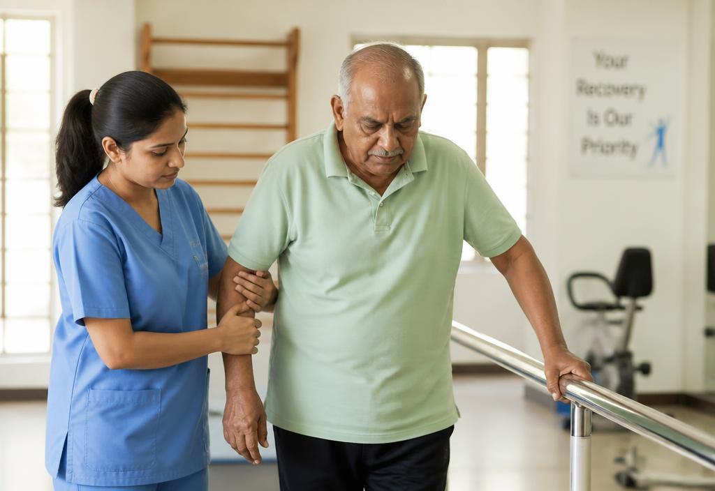 Physiotherapist supporting an older stroke survivor during balance and walking rehabilitation in a neurological rehab gym.
