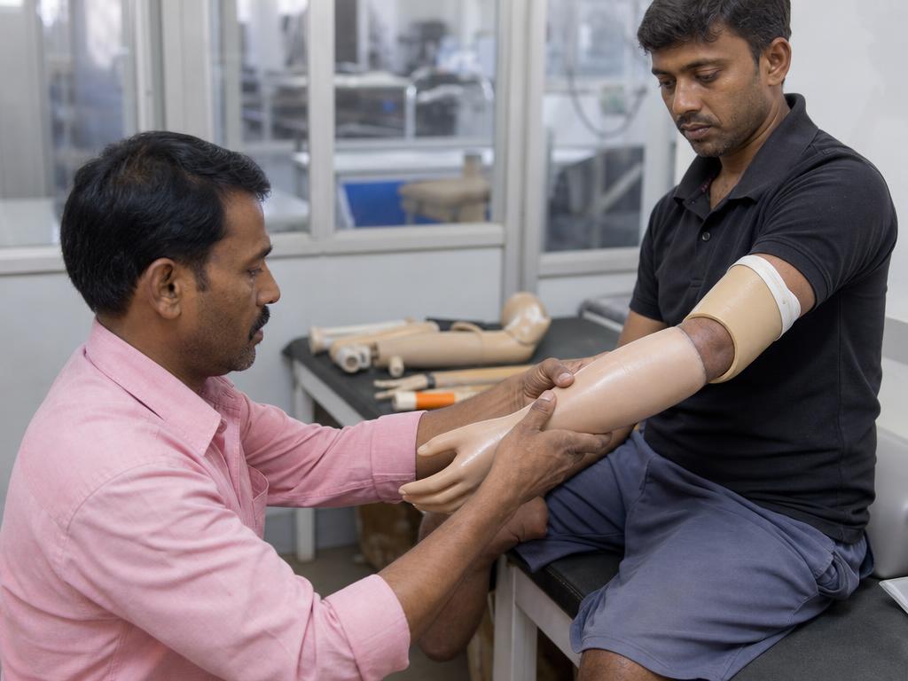Prosthetist fitting a below-elbow prosthesis on a patient's residual limb