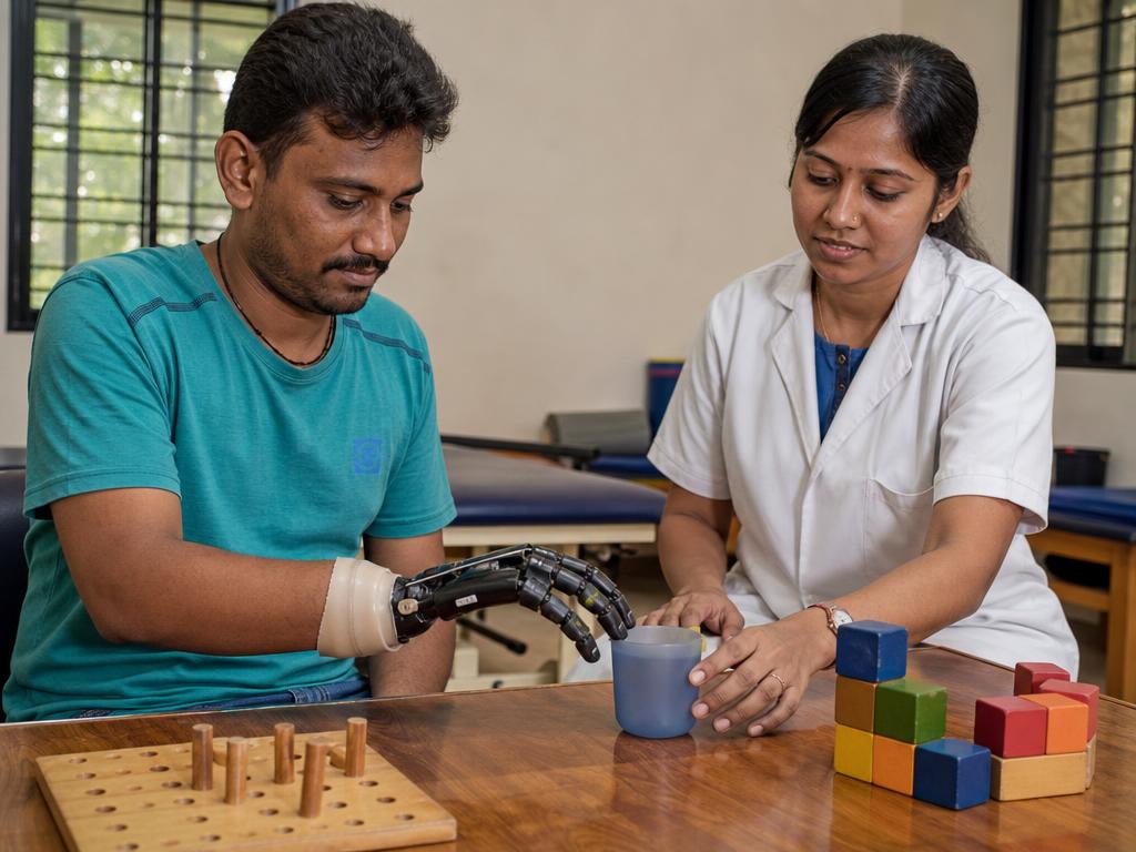 Occupational therapy session practising grasp with a prosthetic hand